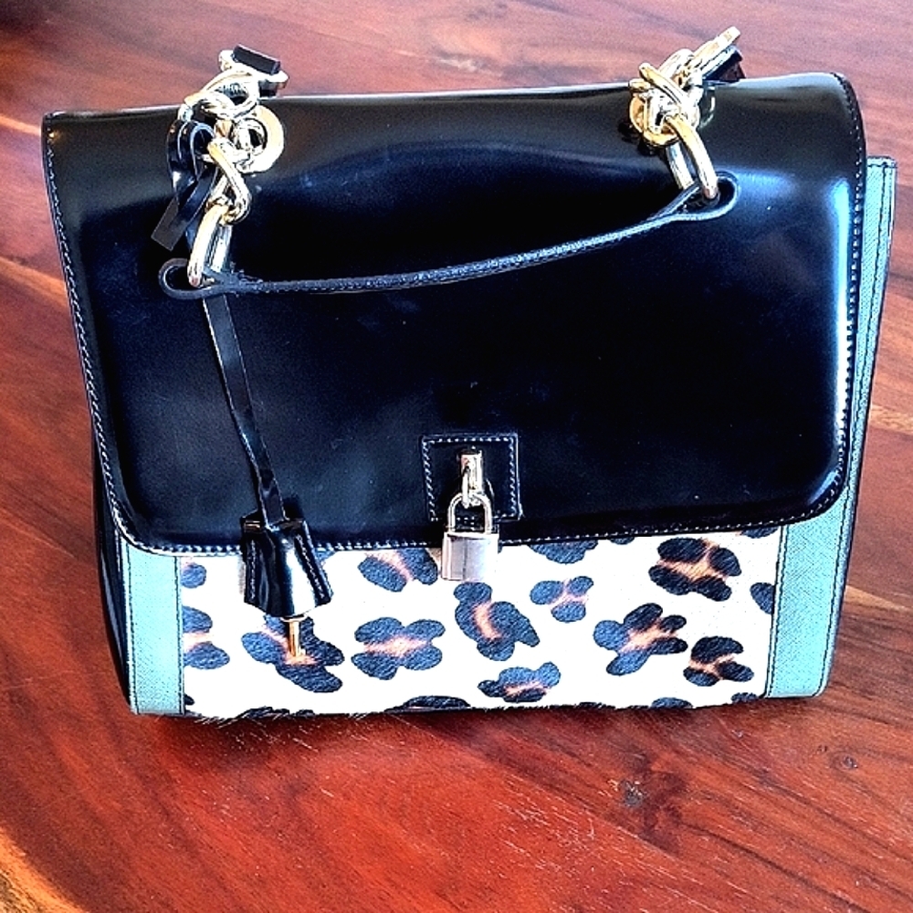 AB Bellucci Leopard Print Cowhide And Black Box Leather Crossbody Bag. Like New.